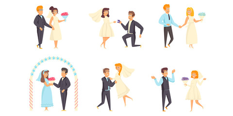 Wedding flat vector illustrations set. Marriage scenes bundle. Enamored people, fiance and fiancee, just married, grooms and brides with flower bouquets cartoon characters collection