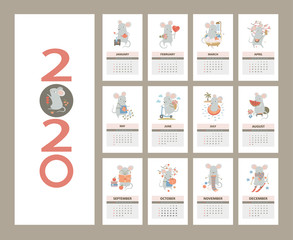 2020 monthly calendar with a cute mouse - a symbol of the year. Calendar template calendar of the rat year. Chinese animal zodiac. 2020 Chinese new year. Vector isolated illustration.