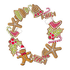Hand-drawn Christmas frame with ginderbread on white background