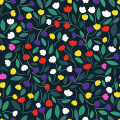 Spring / summer pattern with colorful tulips, leaves on a green background. Floral Print in a simple cute hand-drawn style. Seamless background with meadow flowers. Vector Illustration.