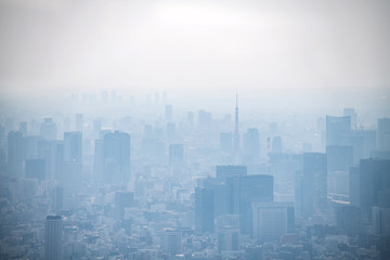 dust during daytime in a very polluted city - in this case Tokyo, Japan. Cityscape of buildings...
