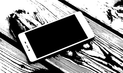 Black and white vector illustration of a mobile phone on a wooden background with boards.Black screen with space for text,graphic element.