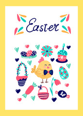 Greeting card Happy Easter. Lettering Easter. Set of cute easter elements and funny chicken.