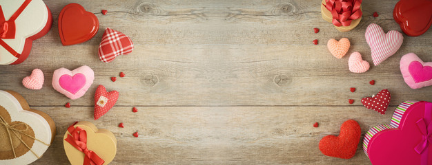 Valentines day background with heart shapes and  gift boxes. Top view from above