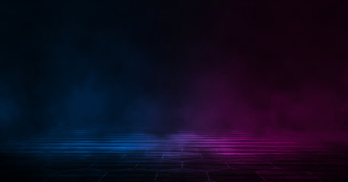 Wet asphalt, reflection of neon lights, a searchlight, smoke. Abstract light in a dark empty street with smoke, smog. Dark background scene of empty street, night view, night city. © MiaStendal