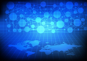 Vector : world map with network on blue background
