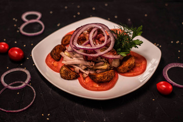 salad with meat, vegetable mix, salad with seafood, seaweed, Chuka with nut sauce, fish, shrimp, avocado, several types of salad, cold appetizers