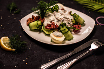 salad with meat, vegetable mix, salad with seafood, seaweed, Chuka with nut sauce, fish, shrimp, avocado, several types of salad, cold appetizers
