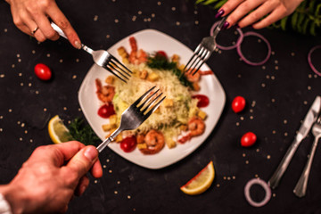 salad with meat, vegetable mix, salad with seafood, seaweed, Chuka with nut sauce, fish, shrimp, avocado, several types of salad, cold appetizers