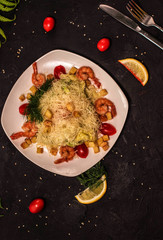 salad with meat, vegetable mix, salad with seafood, seaweed, Chuka with nut sauce, fish, shrimp, avocado, several types of salad, cold appetizers