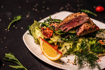 salad with meat, vegetable mix, salad with seafood, seaweed, Chuka with nut sauce, fish, shrimp, avocado, several types of salad, cold appetizers