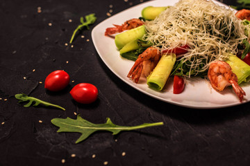 salad with meat, vegetable mix, salad with seafood, seaweed, Chuka with nut sauce, fish, shrimp, avocado, several types of salad, cold appetizers