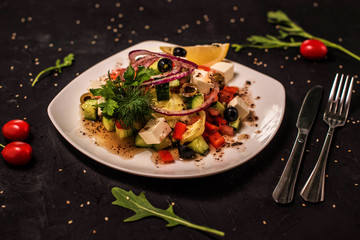 salad with meat, vegetable mix, salad with seafood, seaweed, Chuka with nut sauce, fish, shrimp, avocado, several types of salad, cold appetizers