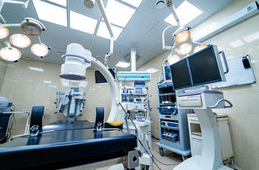 Medical devices, Interior hospital design concept. Interior of operating room in modern clinic, screen with tests. Closeup