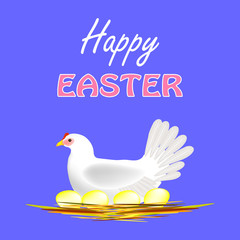 Happy easter lettering, hen in the nest on the eggs on a blue background. Simple vector illustration for greeting card, announcement, promotion, poster, flyer, web banner.