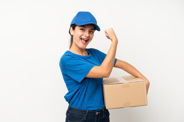 Young delivery girl over isolated white background making strong gesture