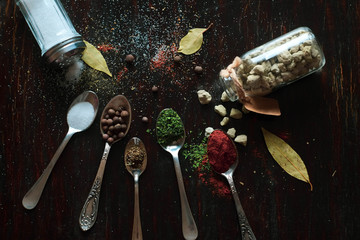 spices in spoons on a table