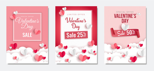 Valentine's day Sale posters set. 3d red and pink paper hearts. Cute love sale banners or greeting cards. Vector illustration. 