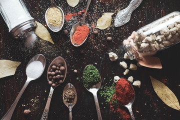 spices in spoons on a table