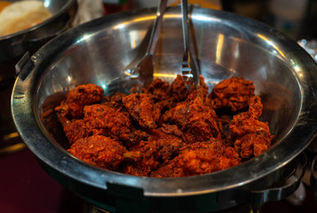 Street food/Traditional Grilled tandoori of  assorted meats with charcoal and fire on skewers