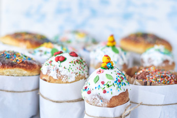 Easter cakes on a white wooden background