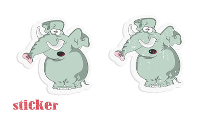 Cartoon funny elephant. Vector illustration in the form of a sticker.