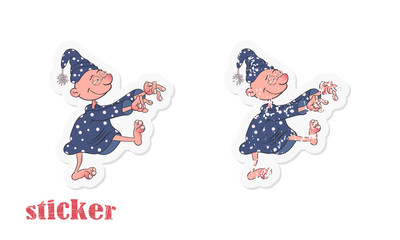 Cartoon character suffering from sleepwalking walks in a dream. Vector illustration in the form of a sticker.