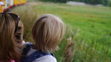 Kolejka wąskotorowa. Mama z dzieckiem jedzie pociągiem wśród zielonych łąk, w tle droga i...