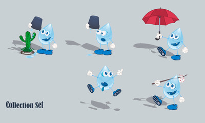 Cartoon drop of water in different poses. Set of vector illustrations.