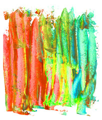 Red, orange, green and turquoise abstract watercolor paint stains on white background. Colorful hand drawn wallpaper for your design. Bright gouache backdrop.