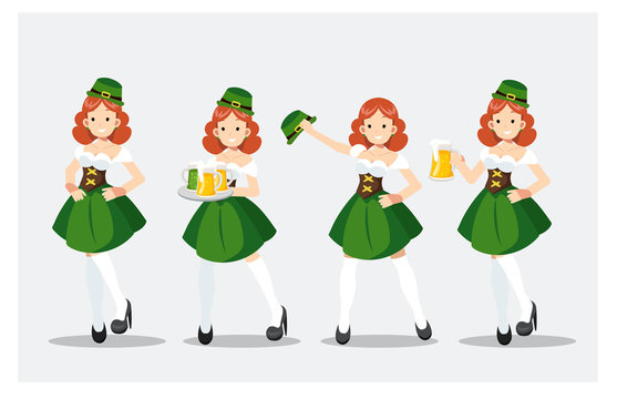 Set of St Patrick's day Girl in green costume. Cheerful beautiful Irish young woman. Waitress dressed in green with beer mugs.flat style