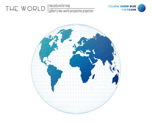 Triangular mesh of the world. Gilbert's two-world perspective projection of the world. Yellow Green Blue colored polygons. Elegant vector illustration.