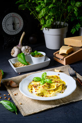 Vegetariano italiano! Tortelli with roasted pine nuts and pesto basilico