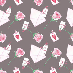 Seamless pattern with roses and envelopes on a gray background.