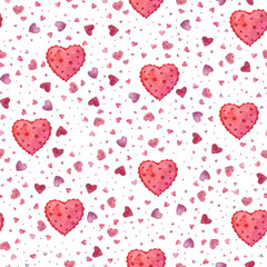Watercolor hearts seamless pattern for Valentine's day or wedding or birthday. Pink romantic drawing of watercolor hearts on a white background