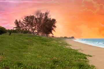 Fototapeta na wymiar beautiful sunset on the beach with reddish sun