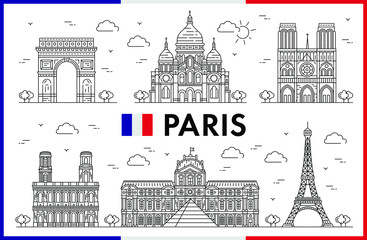 Paris, France. Eiffel Tower, Louvre Museum with Louvre Pyramid Notre Dame de Paris cathedral, Arc de Triomphe, Saint Sulpice Church, The Basilica of the Sacred Heart
