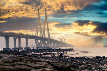 The bandra worli sea link shot at dusk in mumbai india a famous landmark that connects the city....