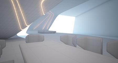 Obraz premium Abstract architectural white interior of a minimalist house with neon lighting. 3D illustration and rendering.