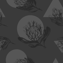 Vector illustration  seamless pattern with large grey buds of a protea flower and geometric figure. Circle and triangle. Textiles, wallpaper, fabric, decoration bedroom and living room