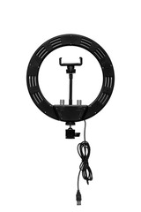 Closeup of circular neon LED lamp isolated white background. Popular modern light for make-up and beauty portraits.