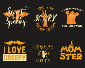 Halloween graphic prints set for t shirt, costumes and decorations. Typography design with different quotes - Sweet and Spooky, I love creepy. Holiday emblem. Stock