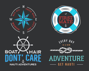 Nautical vintage prints designs set for t-shirts, apparel. Marine logos and badges. Retro typography with lighthouse and seagull. Navy emblems, sea and ocean style tees collection. Stock
