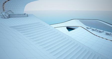 Abstract architectural white interior of a minimalist house with neon lighting. 3D illustration and rendering.