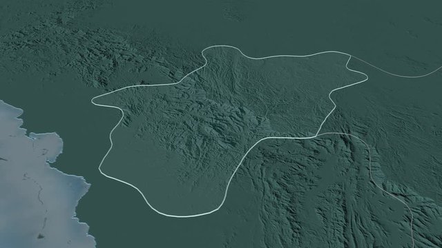 Al Bahah, region with its capital, zoomed and extruded on the administrative map of Saudi Arabia in the conformal Stereographic projection. Animation 3D