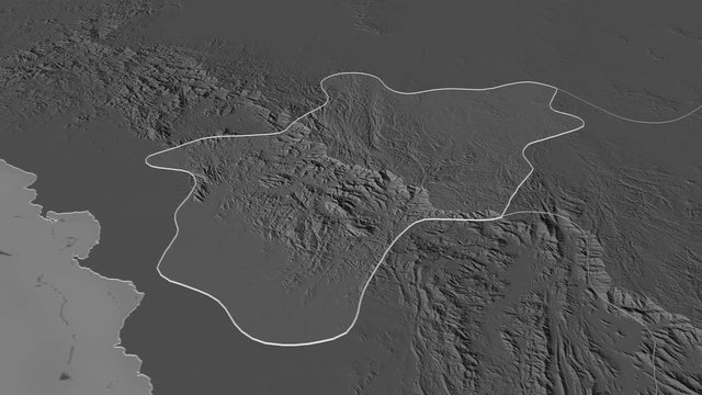 Al Bahah, region with its capital, zoomed and extruded on the bilevel map of Saudi Arabia in the conformal Stereographic projection. Animation 3D
