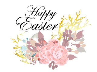Spring card with place for text. Happy easter Easter background. A wreath of branches. Birdhouse. Golden bows and first flowers .Vector illustration isolated on white background..