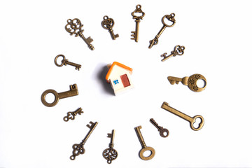 Keys and a little house on a white background,
