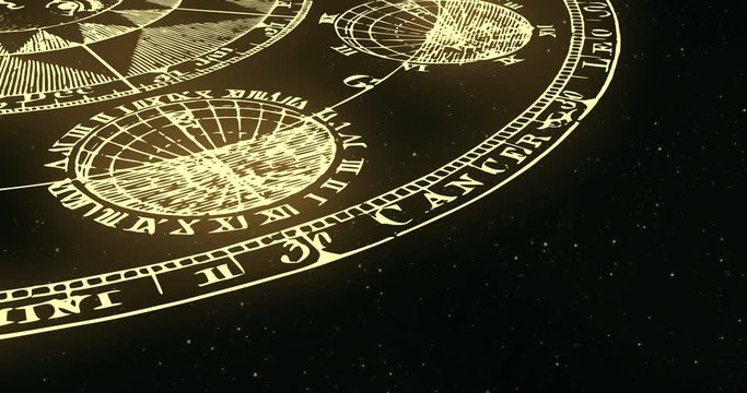 Ancient golden wheel  zodiac signs floating and spinning in space starry background  animation