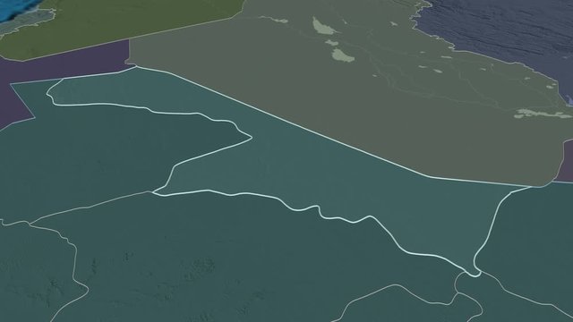 Al Hudud ash Shamaliyah, region with its capital, zoomed and extruded on the administrative map of Saudi Arabia in the conformal Stereographic projection. Animation 3D